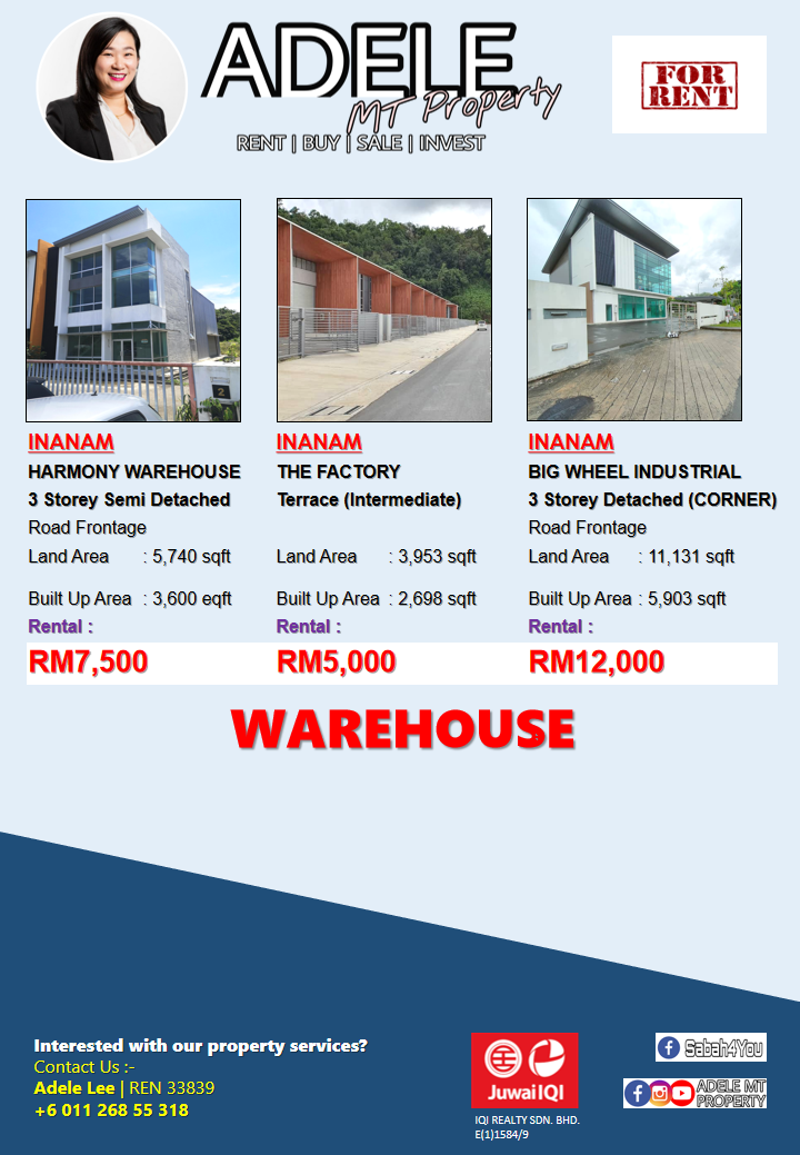 FOR RENT – LATEST (SHOPLOT / WAREHOUSE / OFFICE) – ADELE MT PROPERTY