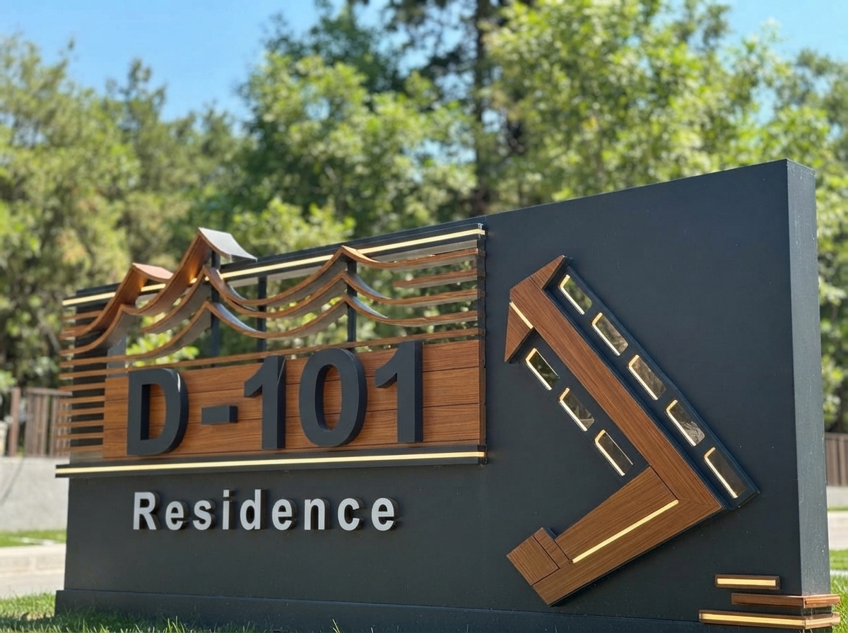D-101 Kobusak project signage with mountain-inspired wooden design elements