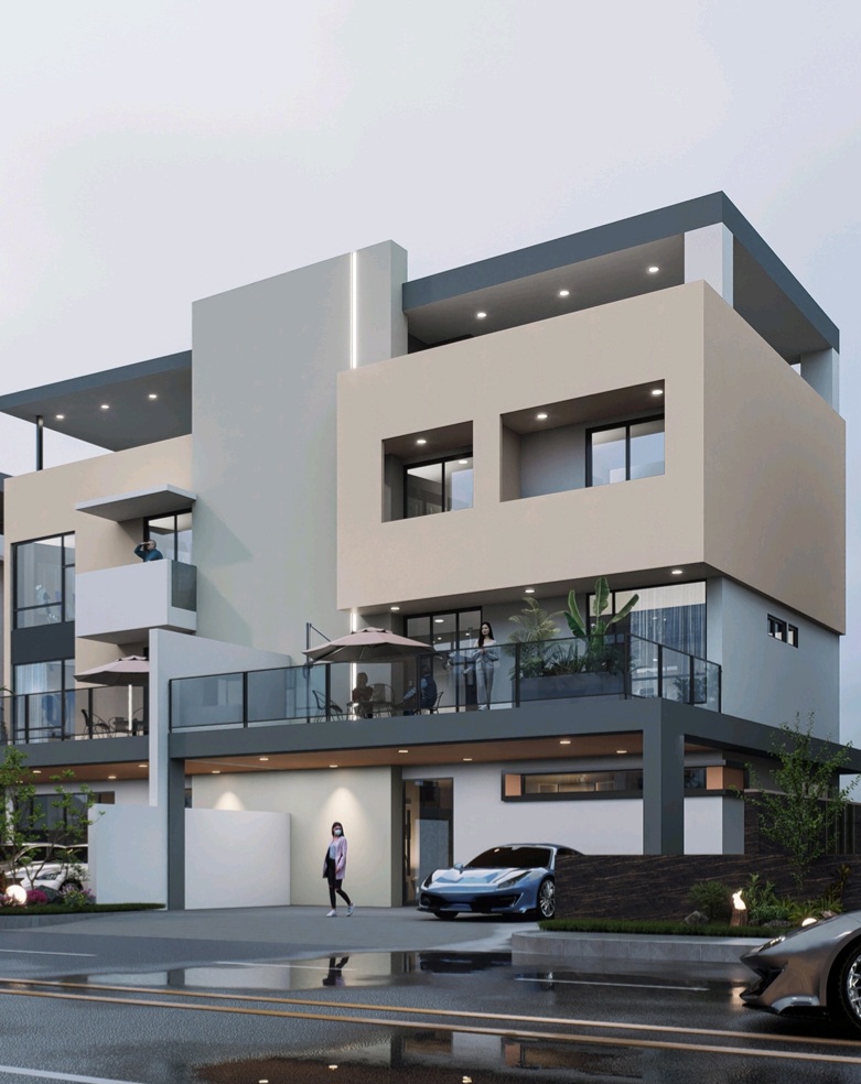 D-101 Kobusak front elevation render showing modern 4-storey facade with glass balconies