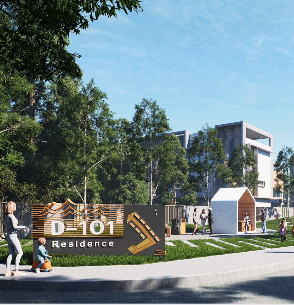 D-101 Kobusak community park with families, playhouses, and lush greenery